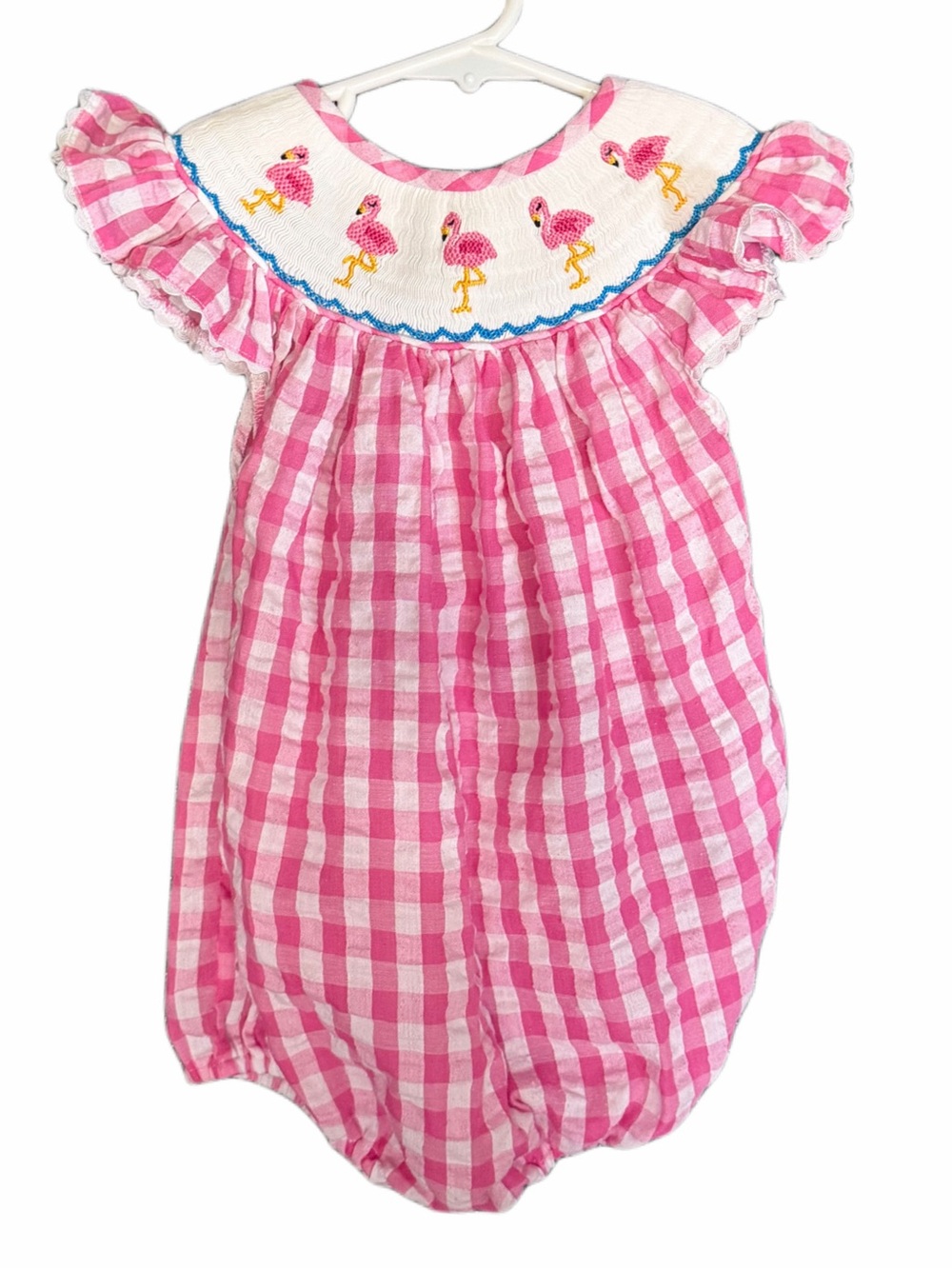 Smocked Flamingo Children’s Boutique Pink Gingham Flamingo Bubble Romper 2T